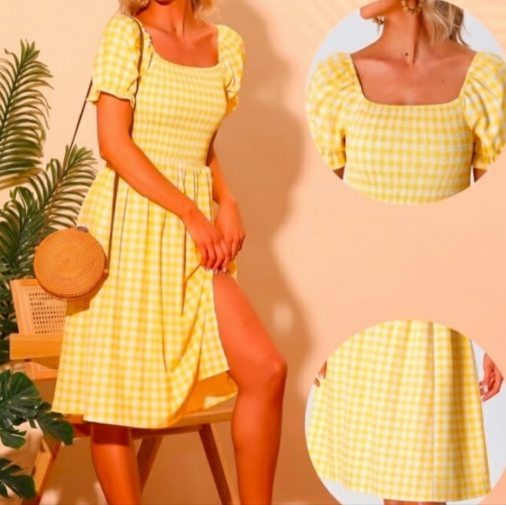 Yellow Gingham Puff Sleeve Dress